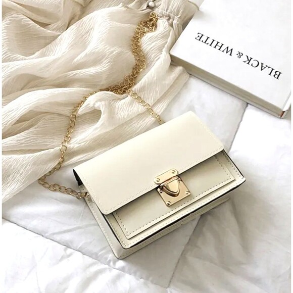 Handbags - White Faux Leather Crossbody Bag Small Square Gold Chain Shoulder Purse NEW